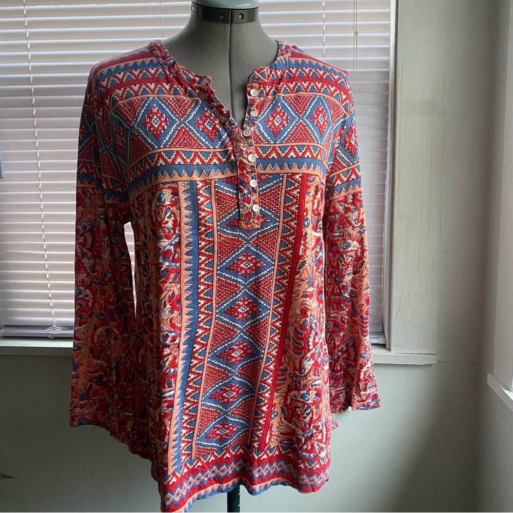 LUCKY BRAND Awesome Tribal Red Blue Tunic Blouse Long Sleeve V Neck Size M
